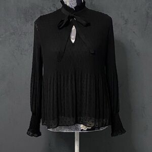 Max Studio Blouse Women Small Petite Black Swiss Dot Ruffle Tie Neck Pleated top